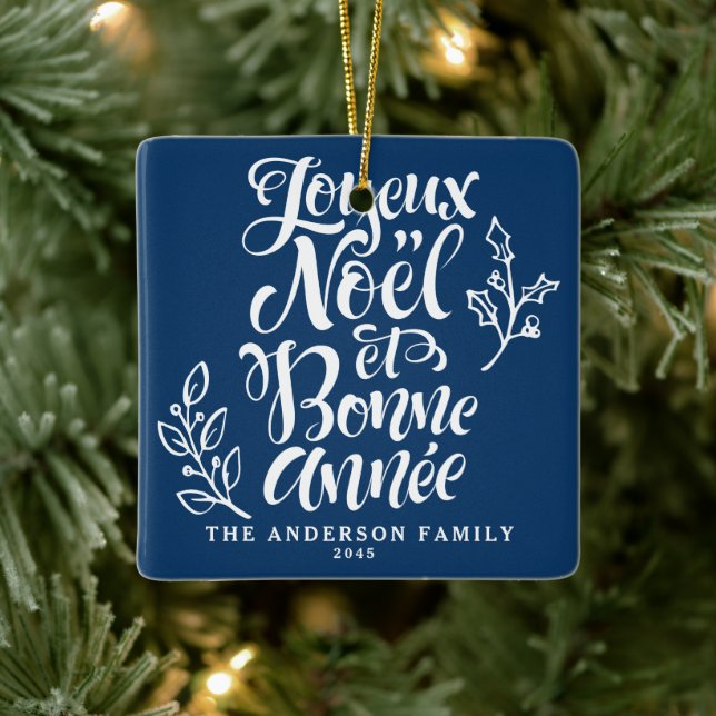 Navy Blue Joyeux Noël and Bonne Année Calligraphy Ceramic Ornament (Tree)