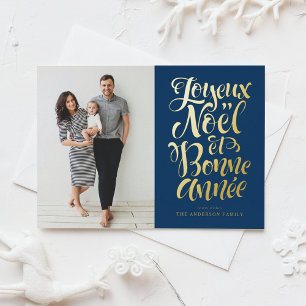 Navy Blue Joyeux Noël et Bonne Année Script Photo Foil Holiday Postcard