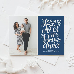 Navy Blue Joyeux Noël et Bonne Année Script Photo Holiday Card