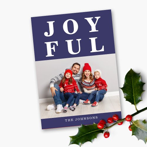 Navy Blue Joyful Modern Photo Christmas Holiday Card