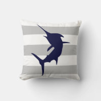 Navy Blue Jumping Marlin On Gray And White Stripes
