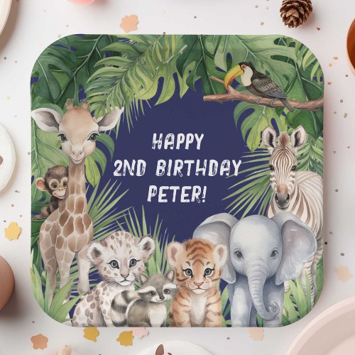 Navy blue Jungle Animal Themed Safari 2nd Birthday Paper Plates