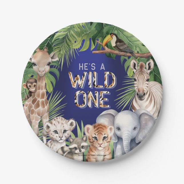 Navy BLue Jungle Animals Hes a Wild One snacks Paper Plates (Front)
