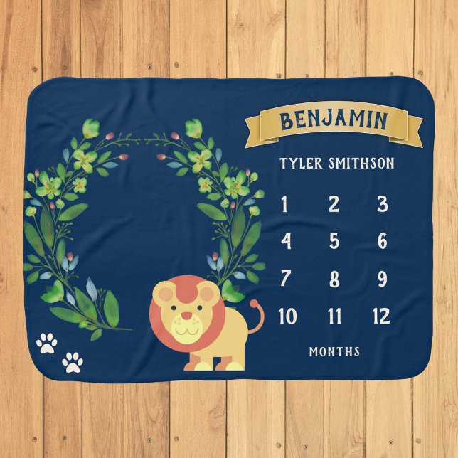 Navy Blue Jungle Safari Lion Monthly Milestone Baby Blanket (Creator Uploaded)