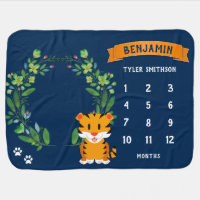 Navy Blue Jungle Safari Tiger Monthly Milestone Baby Blanket