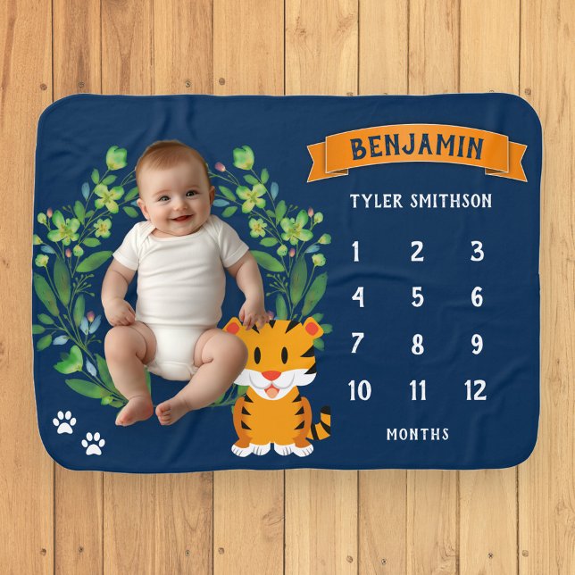 Navy Blue Jungle Safari Tiger Monthly Milestone Baby Blanket (Creator Uploaded)
