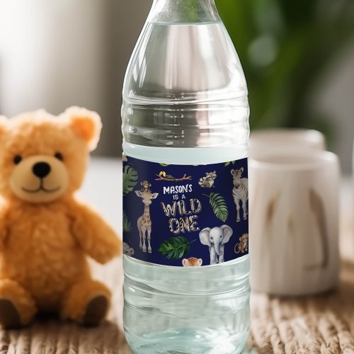 Navy Blue Jungle Safari Wild One 1st birthday Water Bottle Label