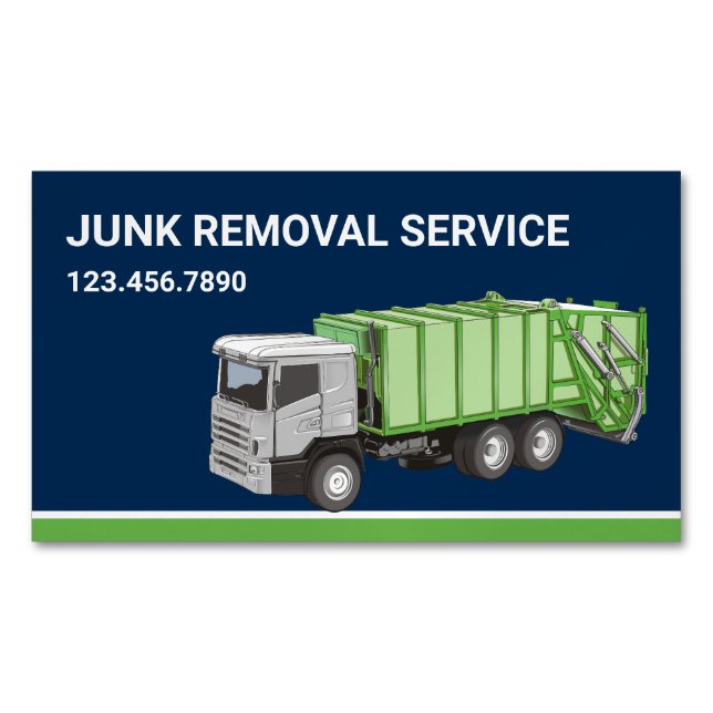 Navy Blue Junk Removal Service Garbage Truck Business Card Magnet (Front)