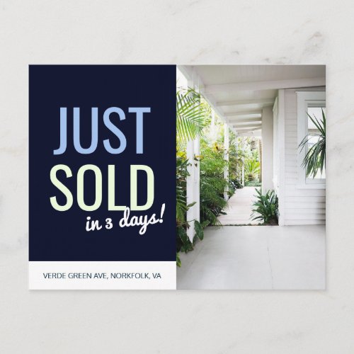 Navy blue Just sold real estate advert template Po Postcard
