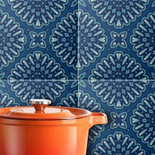Navy Blue Kaleidoscope Mosaic Geometric Pattern Ceramic Tile