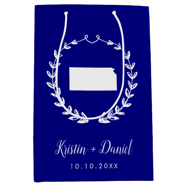 Navy Blue Kansas Map Wedding Welcome Swag Medium Gift Bag (Front)