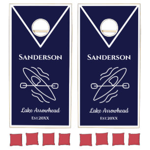 Navy Blue Kayak Monogram Name Lake house  Cornhole Set