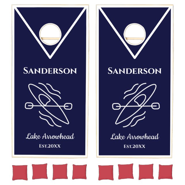 Navy Blue Kayak Monogram Name Lake house  Cornhole Set (Set)