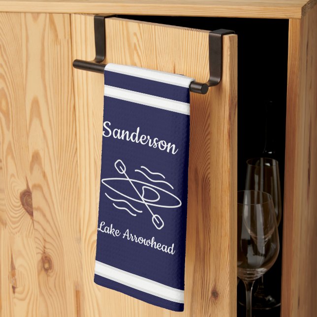 Navy Blue Kayak Monogram Name Lake house Kitchen T Towel (Thirds Fold)