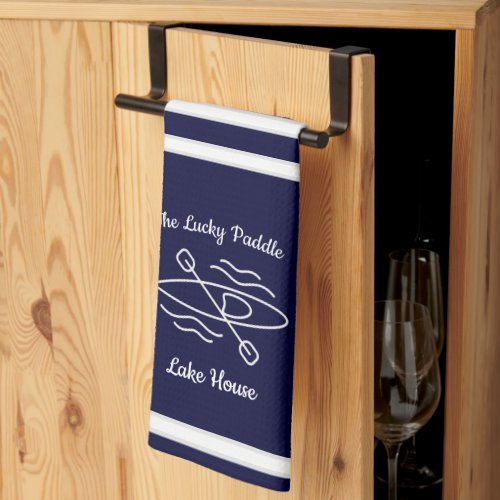 Navy Blue Kayak Monogram Name Lake house Kitchen Towel