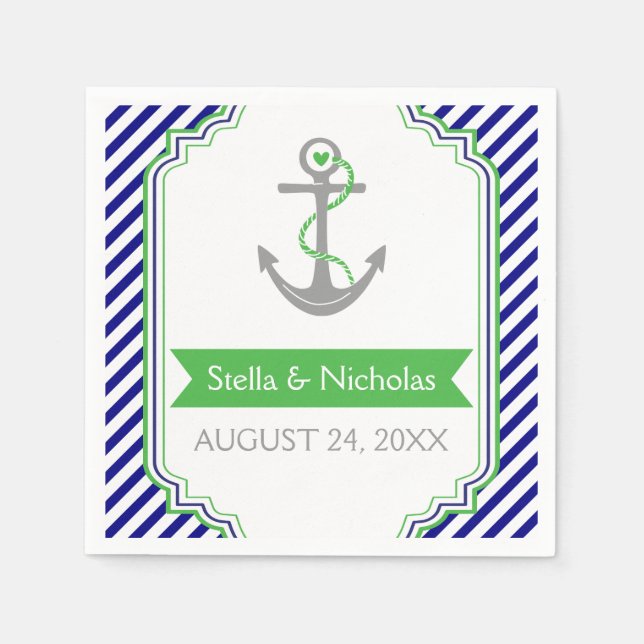 Navy blue, Kelly green anchor nautical wedding Paper Napkins (Front)