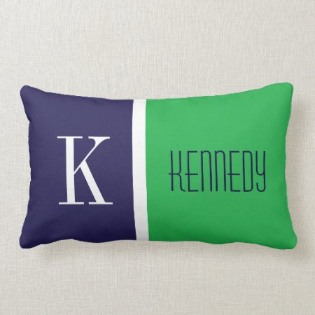 Navy Blue Kelly Green Color Block Stripe Monogram Lumbar Pillow
