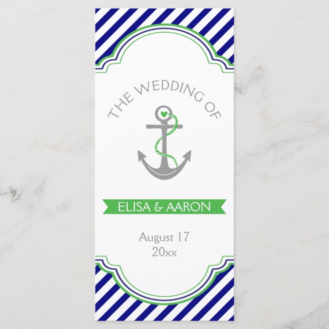 Navy blue, Kelly green nautical wedding program (Front)