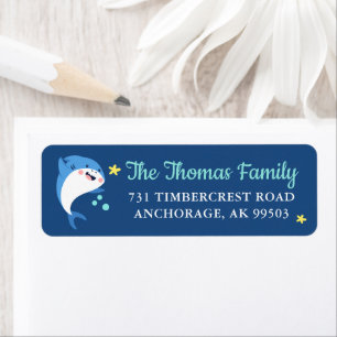 Navy Blue Kids Shark Under The Sea Return Address Label