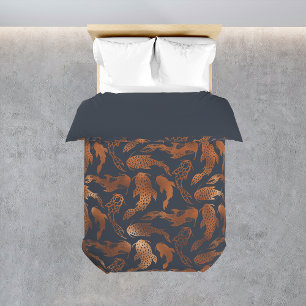 Navy Blue Koy Fish Pattern Classic Elegant Bed Duvet Cover