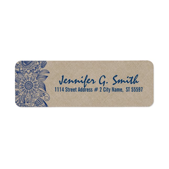 Navy Blue Lace & Beige Linen Burlap Texture 2 Label (Front)