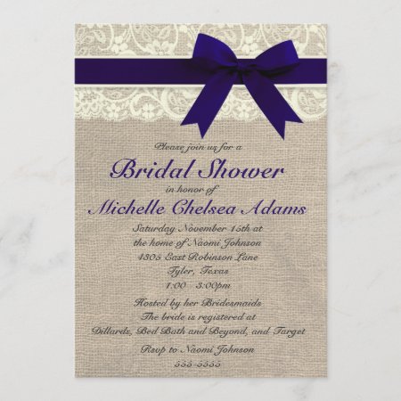 Navy Blue Lace Burlap Bridal Shower Invitation