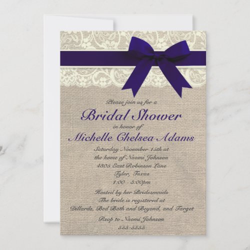 Navy Blue Lace Burlap Bridal Shower Invitation