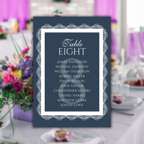Navy Blue Lace Doily Wedding Seating Chart Table Number