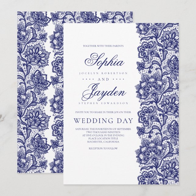 Navy Blue Lace Elegant and Modern Wedding Invitation (Front/Back)