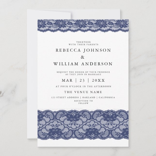 Navy Blue Lace Elegant Modern Wedding Invitation (Front)