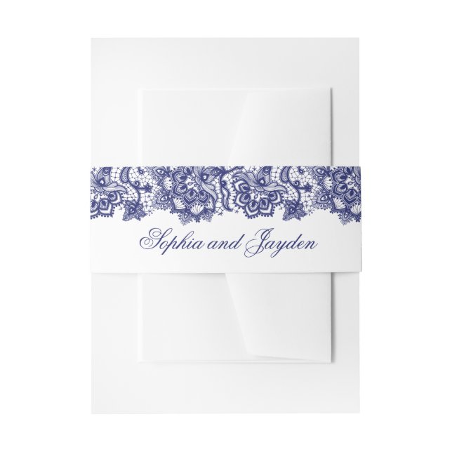 Navy Blue Lace Elegant Wedding Invitation Belly Band (Front Example)