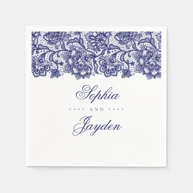 Navy Blue Lace Elegant Wedding Napkins (Front)