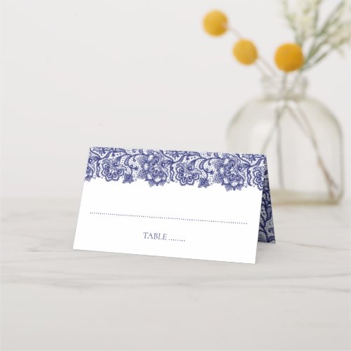 Navy Blue Lace Elegant White Wedding Place Card