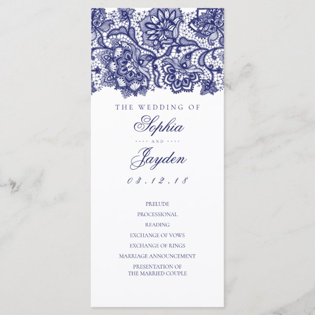 Navy Blue Lace Elegant White Wedding Programs (Front)