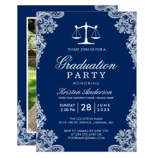 Navy Blue Lace Law School Student Graduation Photo Invitation