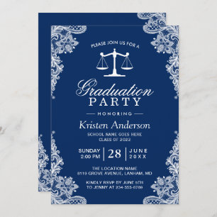 Navy Blue Lace Law School Student Graduation Photo Invitation