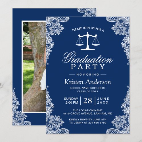 Navy Blue Lace Law School Student Graduation Photo Invitation