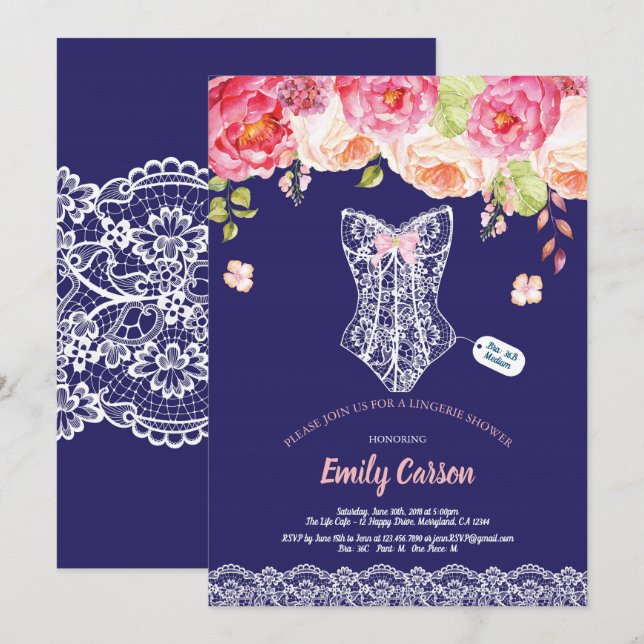 Navy blue lace lingerie shower bridal party invitation (Front/Back)