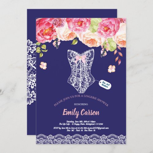 Navy blue lace lingerie shower bridal party invitation