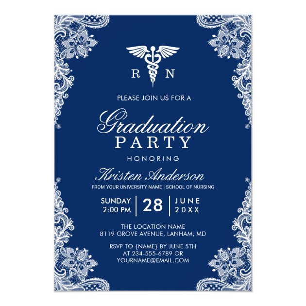 Navy Blue Lace Nursing School Graduation Party Card