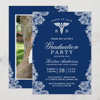 Navy Blue Lace Nursing School Graduation Party Invitation