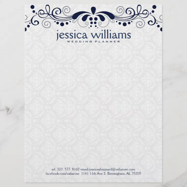 Navyblue Lace Over White Damasks Background Letterhead Zazzle