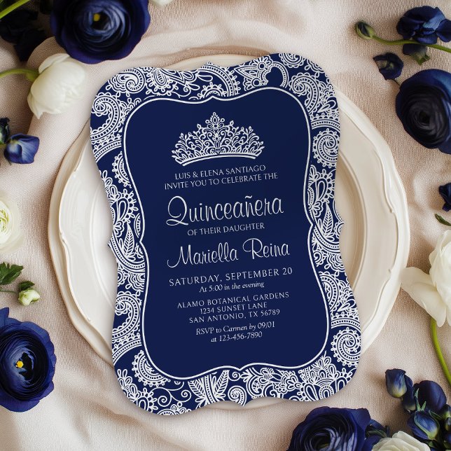 Navy Blue Lace Quinceañera Invitation (Creator Uploaded)