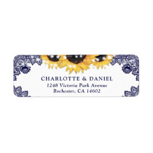 Navy Blue Lace Rustic Sunflower Return Address Label
