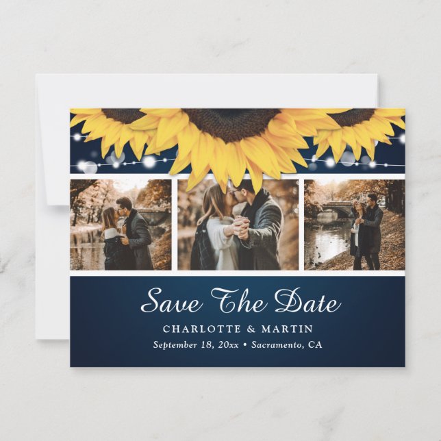 Navy Blue Lace Sunflower Photo Save The Date Cards (Front)