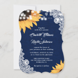Navy Blue Lace Sunflower Wedding Invitation