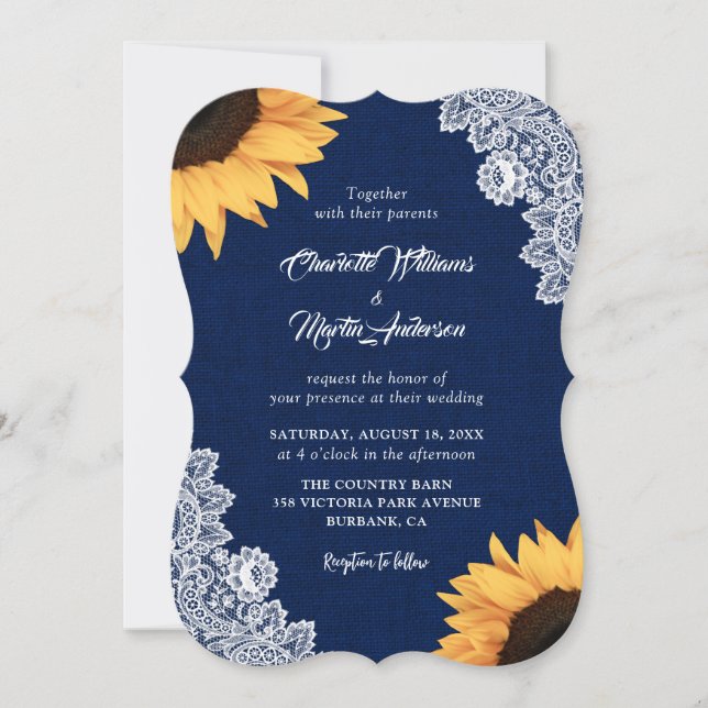 Navy Blue Lace Sunflower Wedding Invitations (Front)