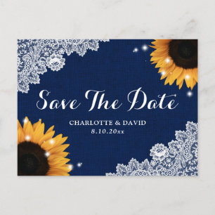 Navy Blue Lace Sunflower Wedding Save The Date Announcement Postcard