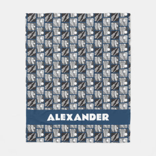 Navy Blue Lacrosse Blocks of Sticks and Balls Fleece Blanket
