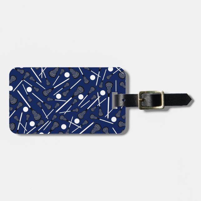 Navy blue lacrosse sticks luggage tag (Front Horizontal)